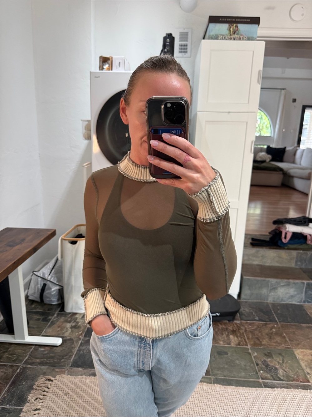 Olive Long-Sleeve Mesh Top with Cream Rib Trim